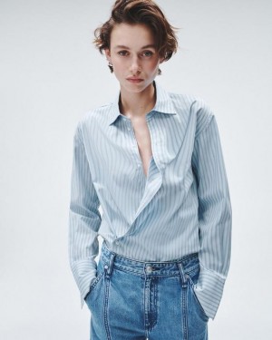 Rag & Bone Indiana Gestreift Baumwoll Poplin Relaxed Fit Button Down Oberteile Damen Blau | 293718-FLK