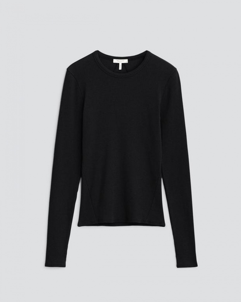 Rag & Bone Essential Rib Long Sleeve Tee Rib Baumwoll T-Shirt Damen Schwarz | 396185-DNS