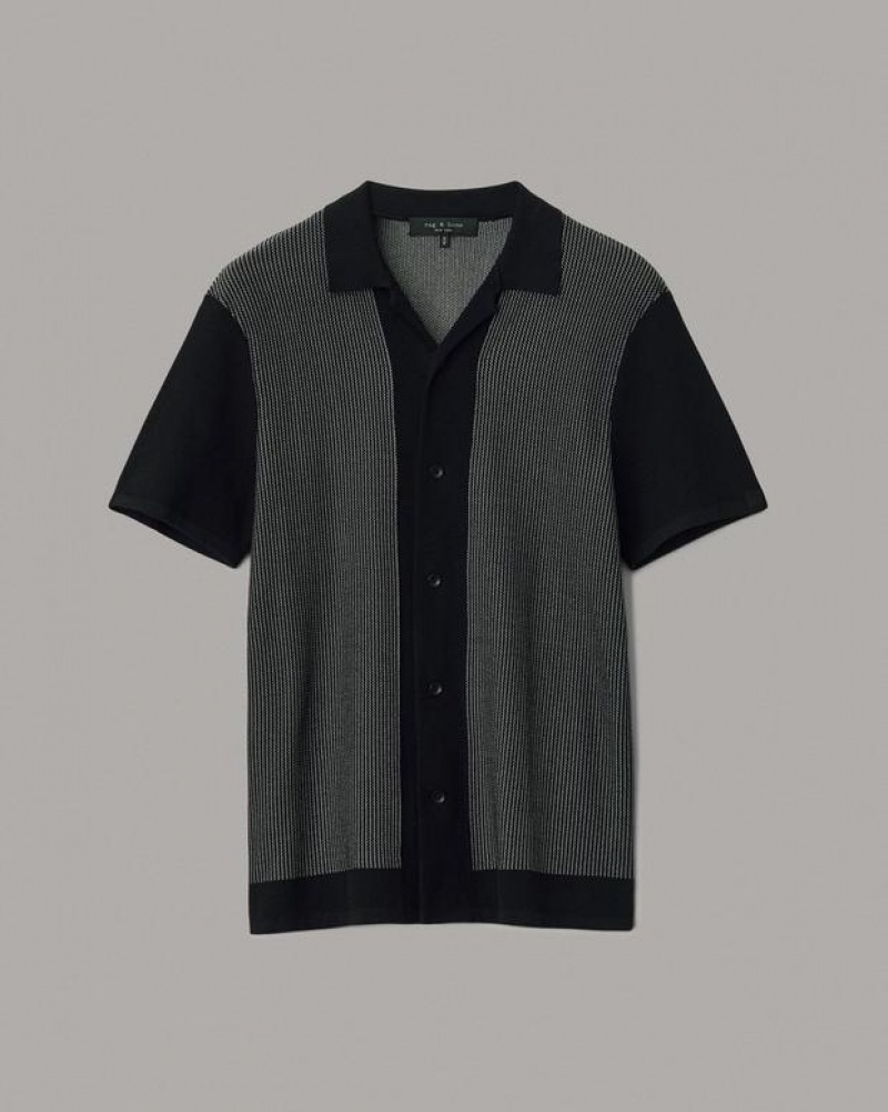 Rag & Bone Harvey Baumwoll Knit Camp Klassische Fit Button Down Hemd Herren Schwarz Weiß | 061473-XKS