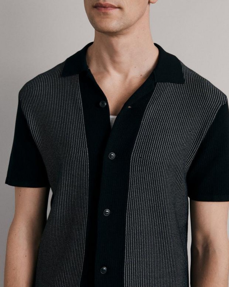 Rag & Bone Harvey Baumwoll Knit Camp Klassische Fit Button Down Hemd Herren Schwarz Weiß | 061473-XKS