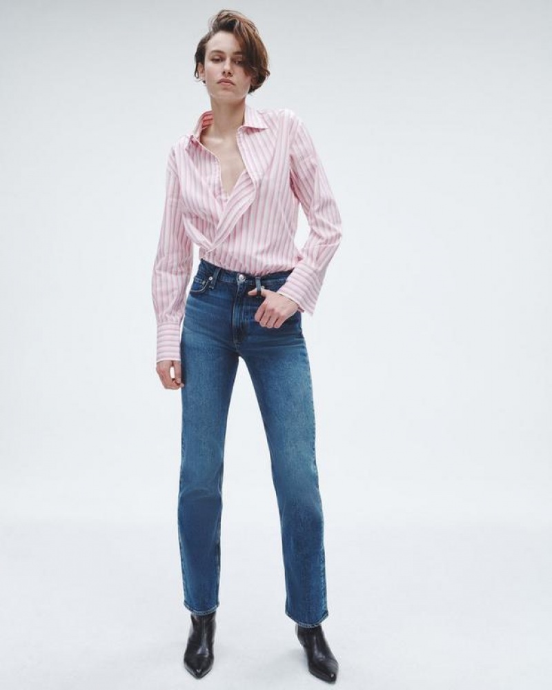 Rag & Bone Indiana Gestreift Baumwoll Poplin Relaxed Fit Button Down Oberteile Damen Rosa | 247695-SNE