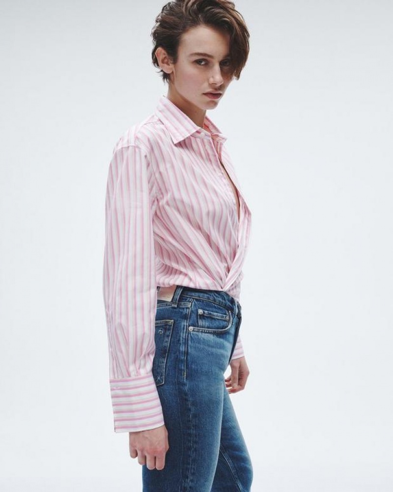 Rag & Bone Indiana Gestreift Baumwoll Poplin Relaxed Fit Button Down Oberteile Damen Rosa | 247695-SNE