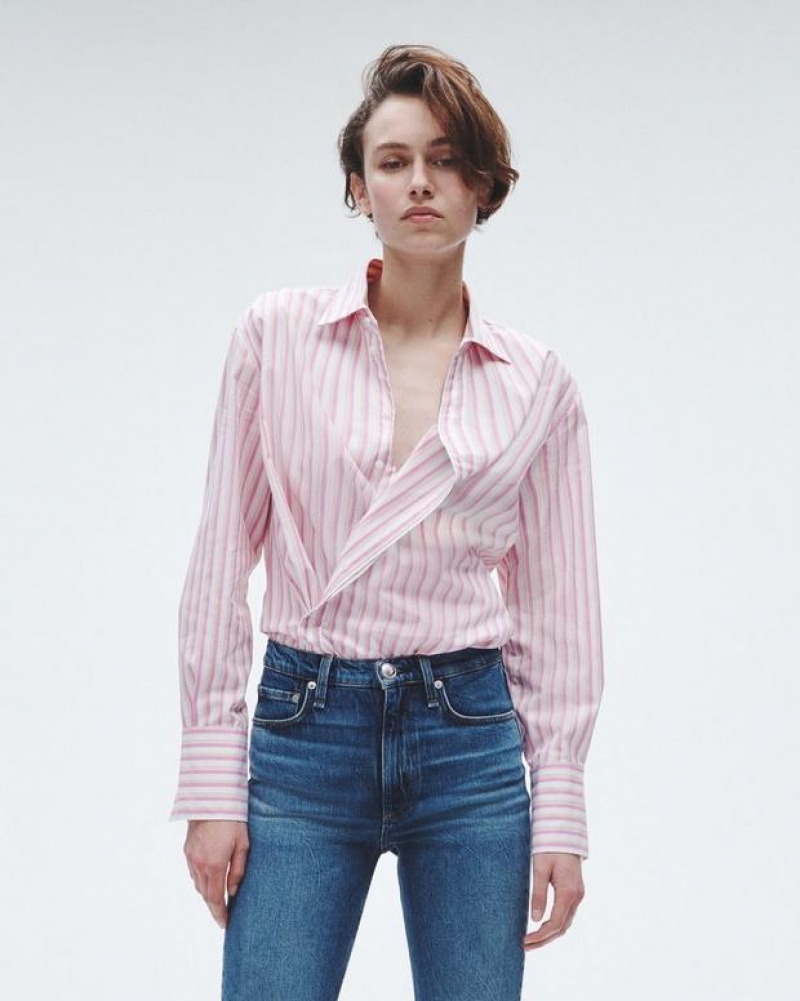 Rag & Bone Indiana Gestreift Baumwoll Poplin Relaxed Fit Button Down Oberteile Damen Rosa | 247695-SNE