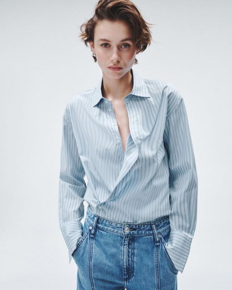 Rag & Bone Indiana Gestreift Baumwoll Poplin Relaxed Fit Button Down Oberteile Damen Blau | 293718-FLK