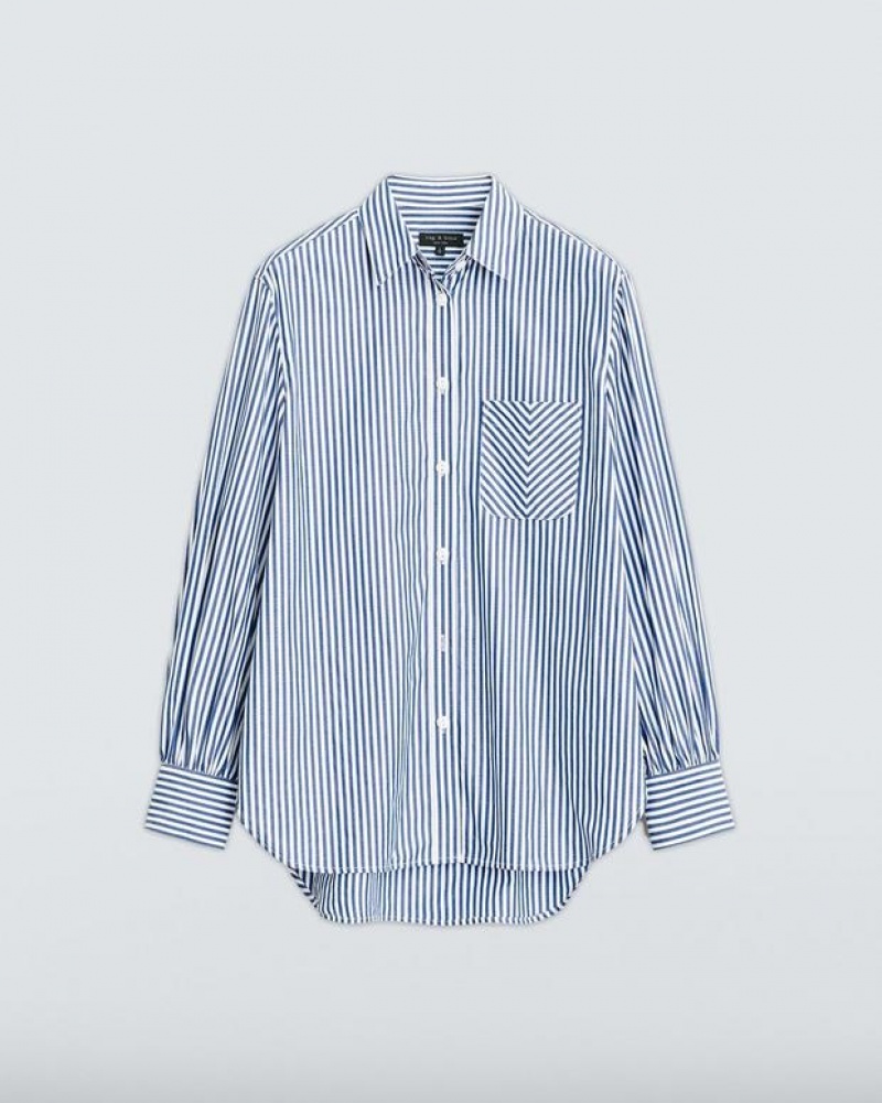 Rag & Bone Maxine Baumwoll Poplin Stripe Relaxed Fit Button Down Oberteile Damen Blau | 728956-FSV