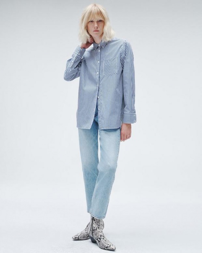 Rag & Bone Maxine Baumwoll Poplin Stripe Relaxed Fit Button Down Oberteile Damen Blau | 728956-FSV