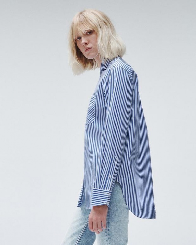 Rag & Bone Maxine Baumwoll Poplin Stripe Relaxed Fit Button Down Oberteile Damen Blau | 728956-FSV