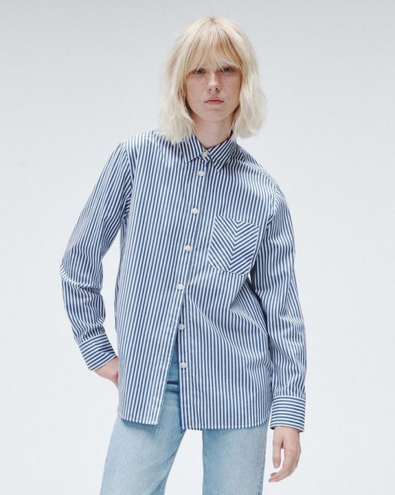 Rag & Bone Maxine Baumwoll Poplin Stripe Relaxed Fit Button Down Oberteile Damen Blau | 728956-FSV