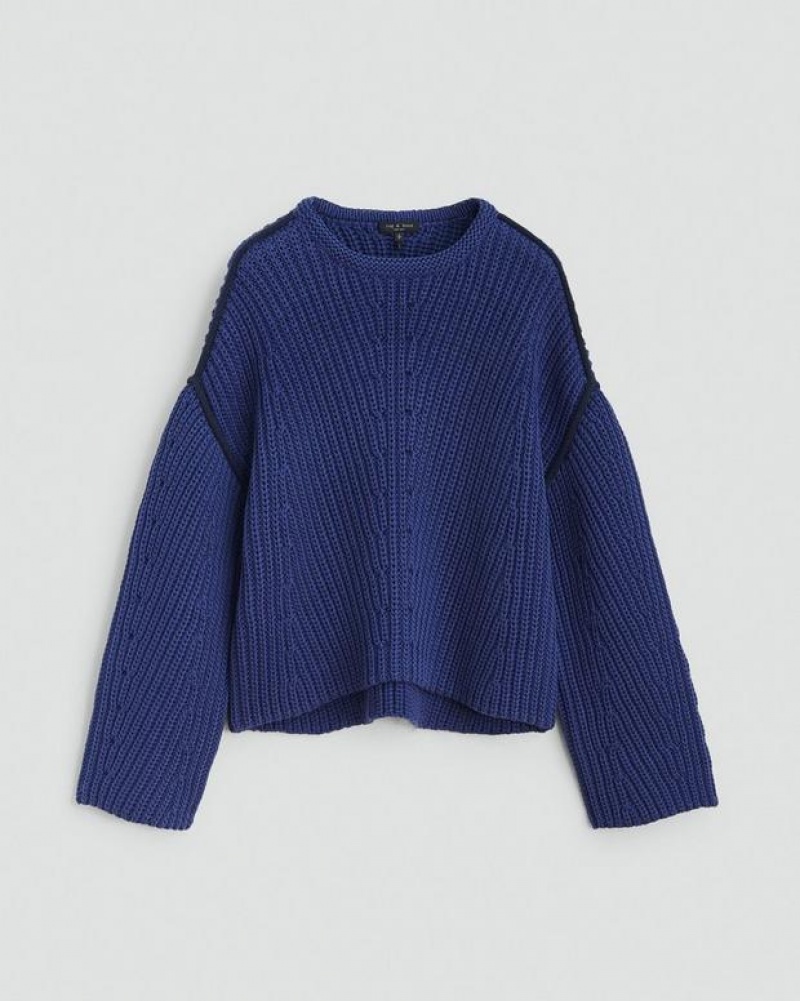 Rag & Bone Shane Baumwoll Crew Oversized Fit Pullover Damen Blau | 413687-YAN