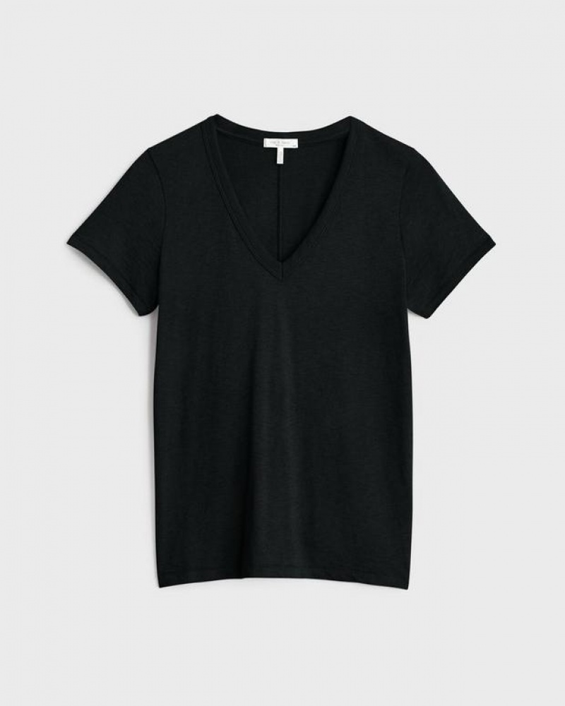 Rag & Bone The Slub Vee Pima Baumwoll Tee T-Shirt Damen Schwarz | 086523-RCS